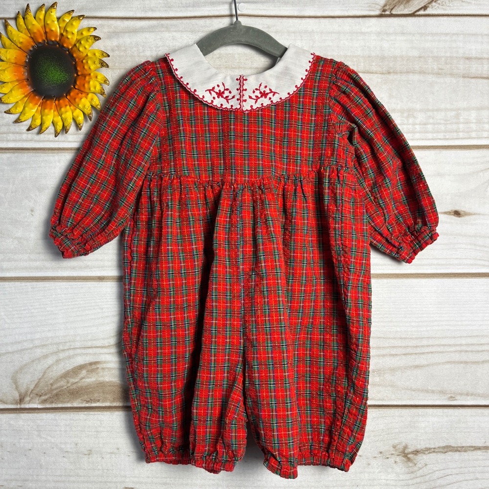 OshKosh B'gosh Vintage Toddler Girls 18 Months Red Plaid Christmas Romper Collar